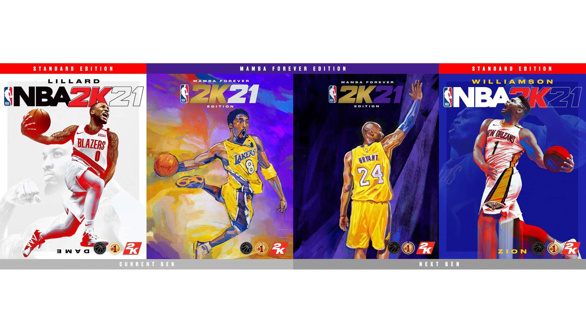 NBA 2k21 桌布 壁紙 — 四張NBA 2K21封面藝術肖像，描繪籃球運動員在鮮豔彩色背景前擺出動態姿勢。