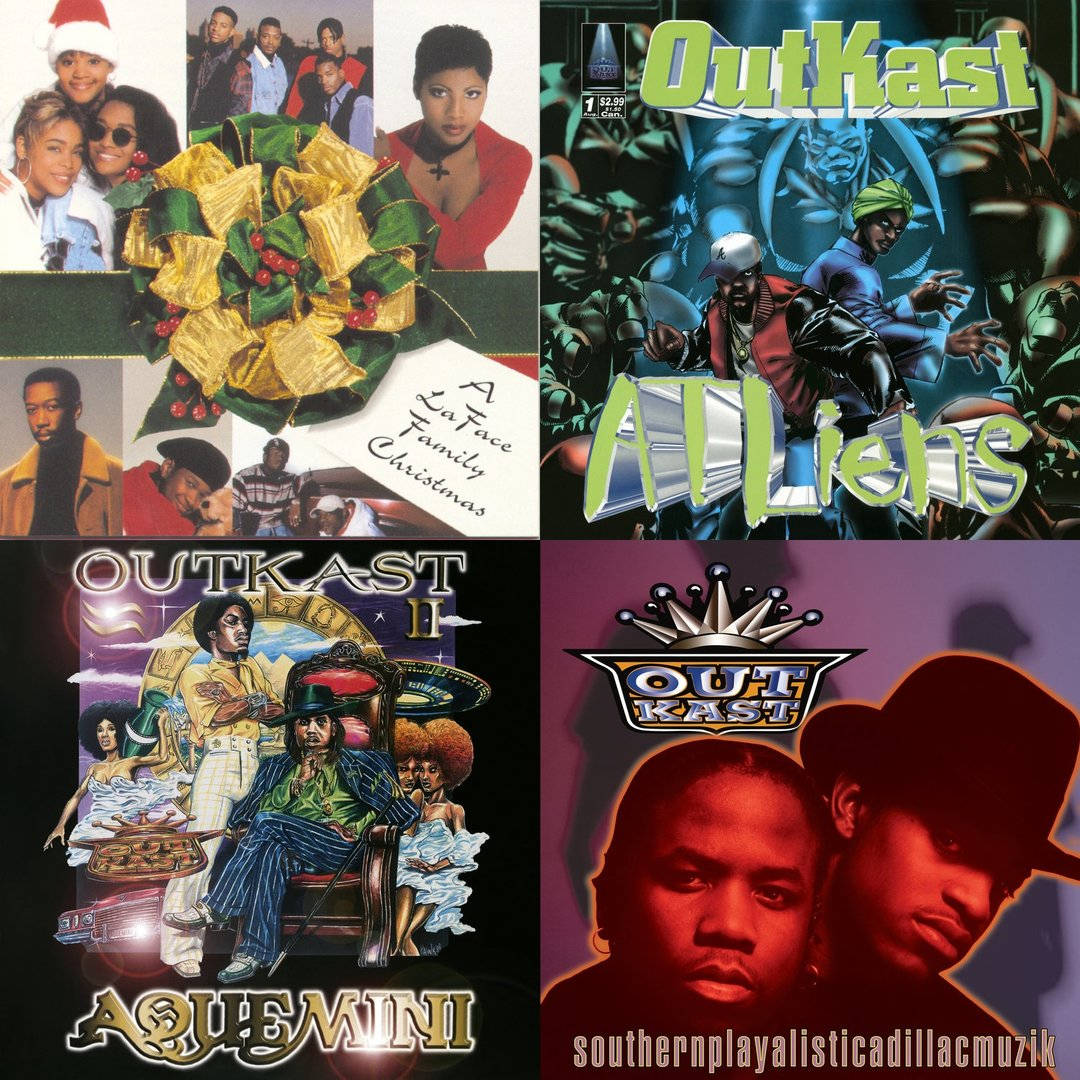 hiphop 桌布 壁紙 — 四張OutKast專輯封面拼貼，展現節日喜慶、科幻外星人、超現實奇幻及陰鬱肖像藝術風格。