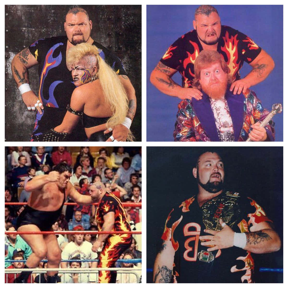 WWE 桌布 壁紙 — 四張WWE摔角手穿著華麗服裝在擂台上擺姿勢和摔角，周圍有觀眾的照片。