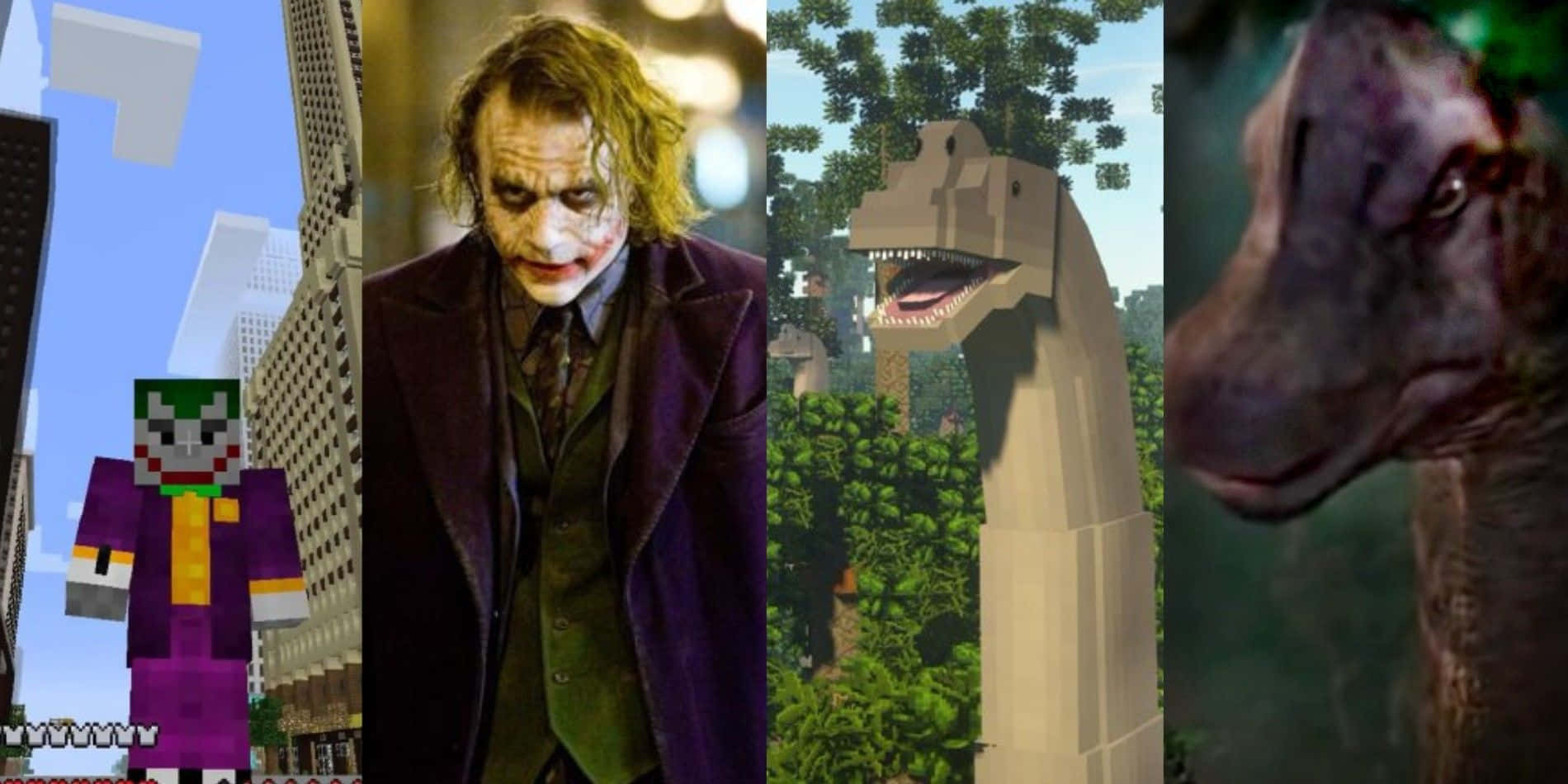 Minecraft Mods 桌布 壁紙 — 四張不同圖片的拼貼：Minecraft 小丑、希斯·萊傑飾演的小丑、Minecraft 恐龍和逼真的恐龍特寫。