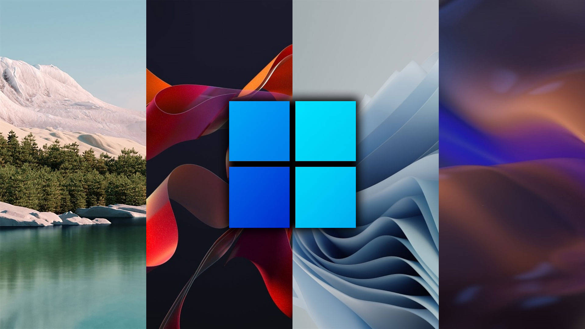 Windows 11 桌布 壁紙 — 四張不同桌布的拼貼，包括雪覆蓋的山湖、抽象彩色波浪和居中藍色Microsoft標誌。