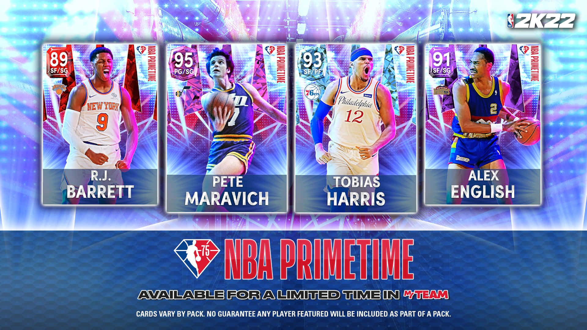 NBA 2K22 Primetime球員卡， featuring R.J. Barrett、Pete Maravich、Tobias Harris和Alex English。 — NBA 壁紙