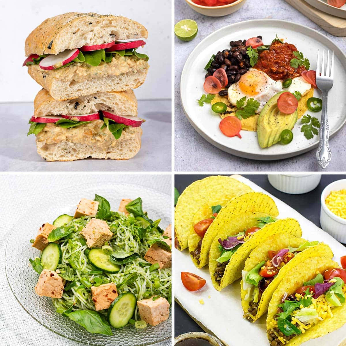 healthy 桌布 壁紙 — 四張充滿活力的食物照片：鮪魚三明治、早餐墨西哥捲餅、豆腐沙拉和黃玉米塔可。