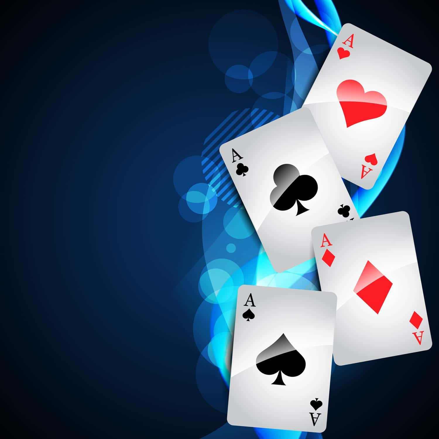 Card Games 桌布 壁紙 — 四張光面的Ace撲克牌在深藍色抽象背景上動態漂浮，帶有發光效果。
