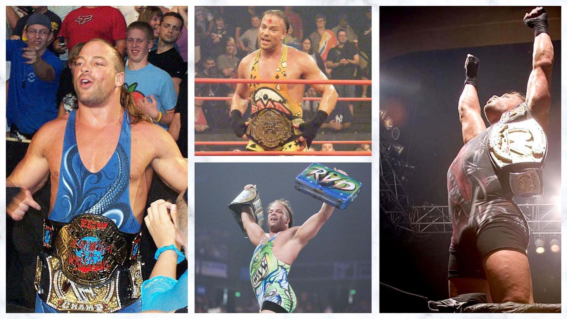 Wrestling 桌布 壁紙 — 四張圖片的拼貼，展示一位肌肉發達的摔角手在擂台或人群中，以各種勝利姿勢舉起冠軍腰帶。