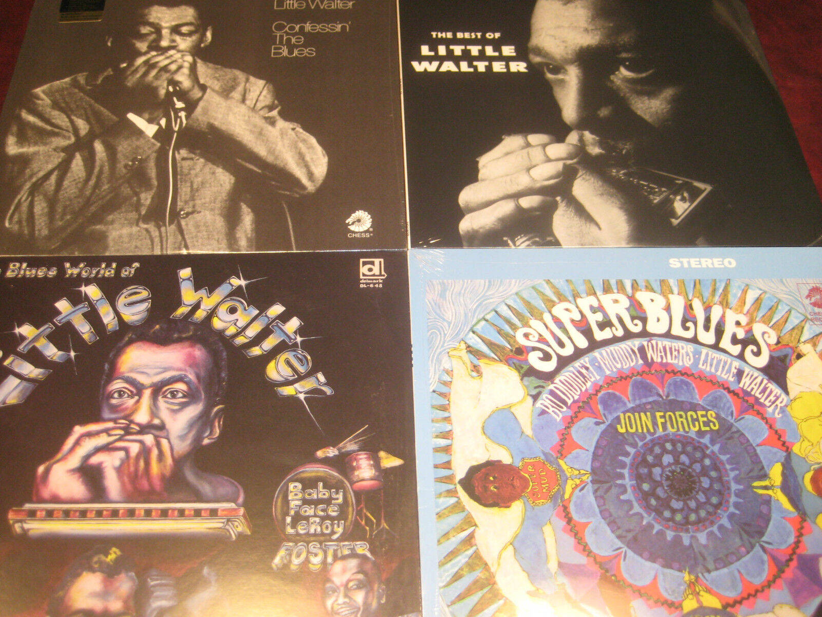 Little Walter 桌布 壁紙 — 四張復古 Little Walter 藍調專輯封面一起展示，呈現黑白肖像和迷幻藝術作品。