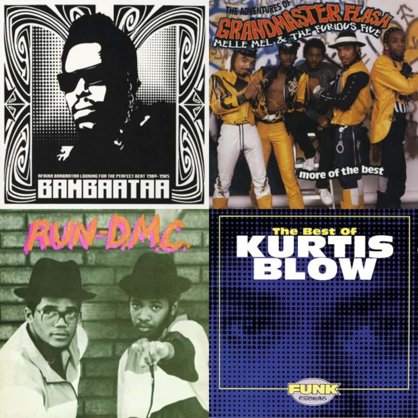 album 桌布 壁紙 — 四張復古嘻哈專輯封面，以Bambaataa、Grandmaster Flash、Run DMC和Kurtis Blow等藝術家為特色，採用大膽的圖形風格。