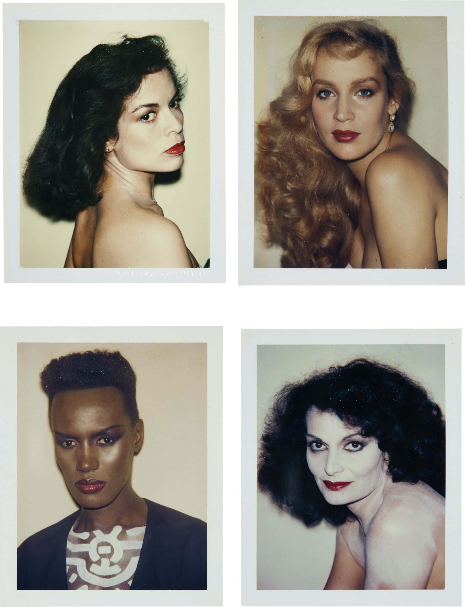 andy warhol 桌布 壁紙 — 四張復古拍立得肖像照，展現四位魅力女性，擁有鮮豔紅唇和獨特髮型，背景為中性色調。
