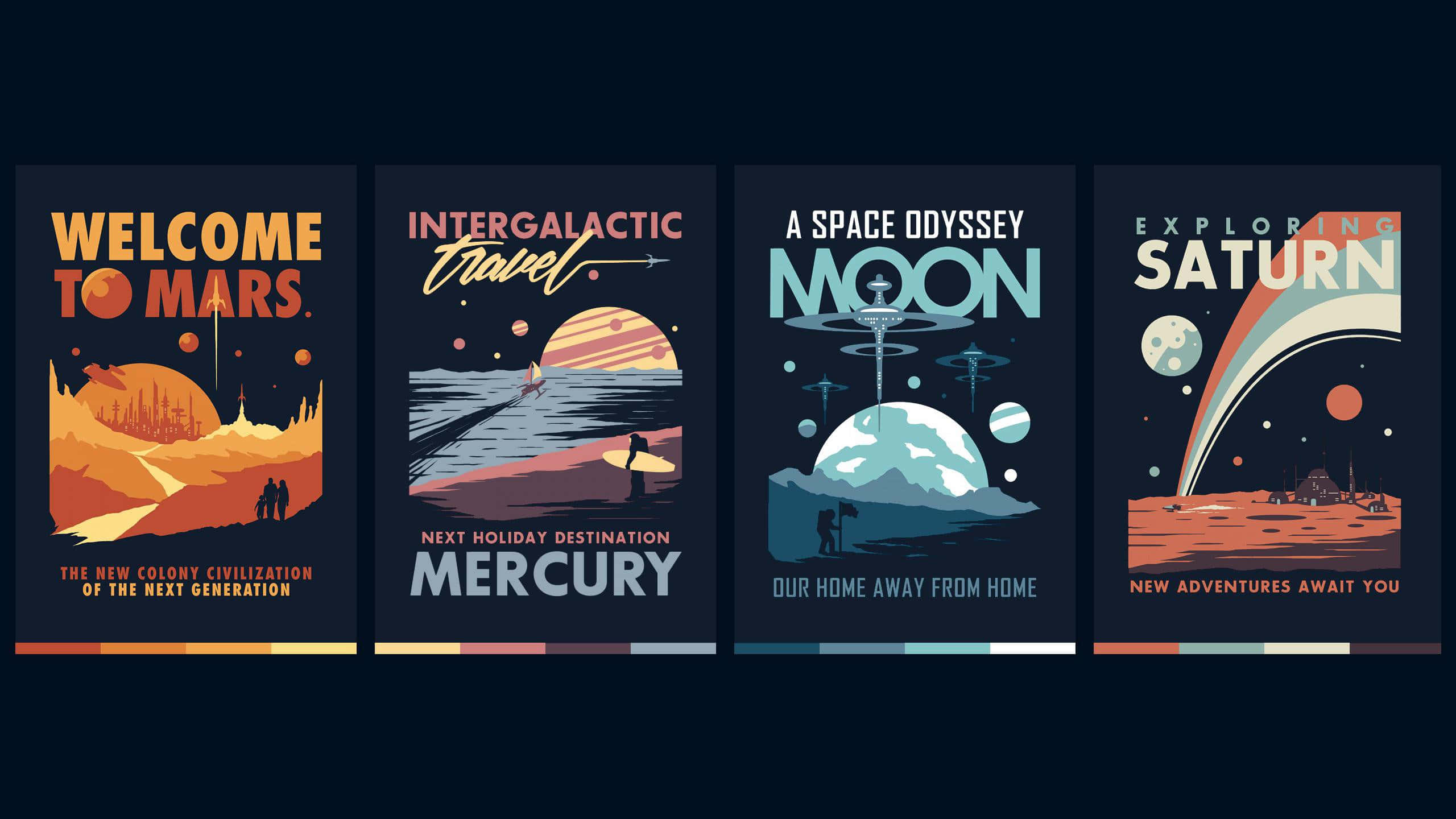 Retro Futurism 桌布 壁紙 — 四張復古風格太空旅行海報，以粗體字型和風格化的行星景觀宣傳火星、水星、月球和土星。