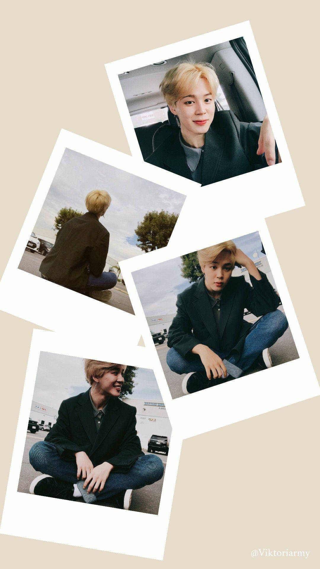 Jimin Aesthetic 桌布 壁紙 — 四張拍立得風格的照片，展示一位金髮年輕男子在不同姿勢和場景中的樣子。