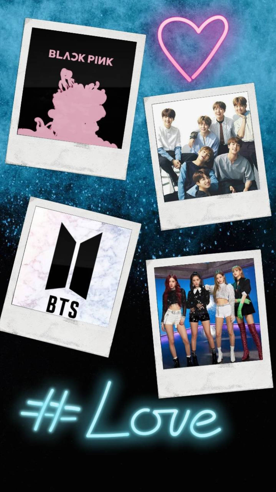 BTS 和 BLACKPINK 桌布 壁紙 — 四張拍立得風格的照片，展示了K-pop團體BTS BLACKPINK等，漂浮在星空藍色背景上，帶有發光霓虹愛心和標籤愛的文字。