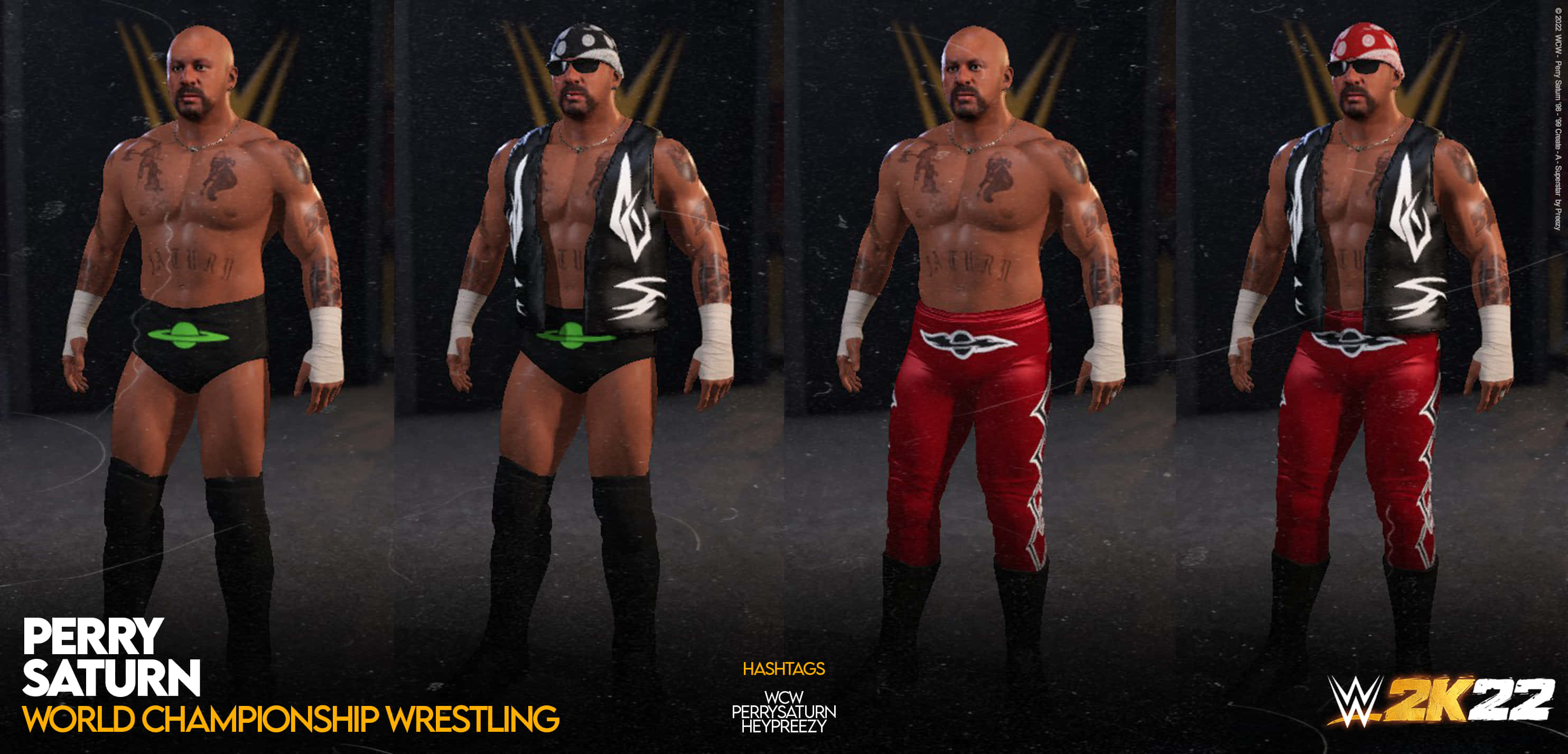 WWE 桌布 壁紙 — 四張摔角手 Perry Saturn 穿著不同服裝的數位渲染圖，在黑暗的競技場中自信地擺姿勢。