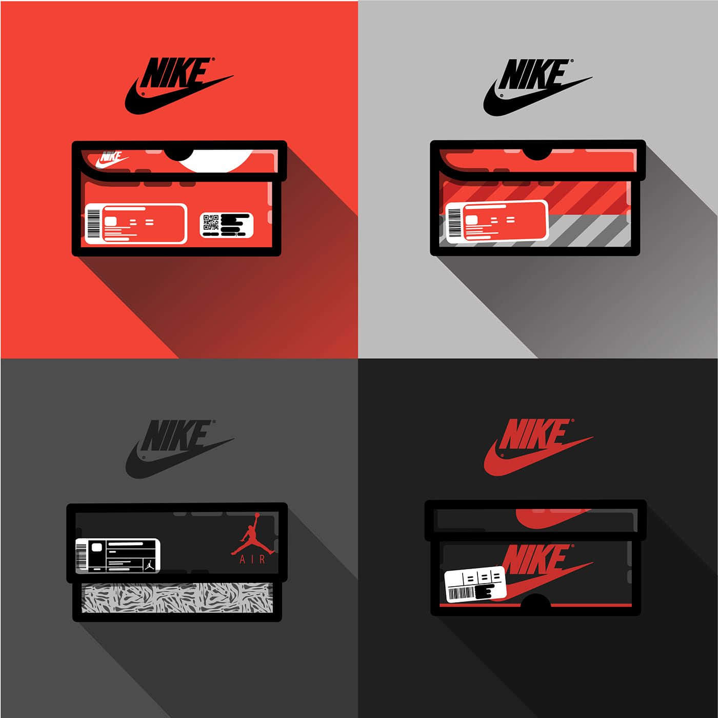 Shoe Box 桌布 壁紙 — 四張極簡風格鞋盒插圖，顏色為紅、灰、黑，帶有長陰影和Nike品牌標誌。