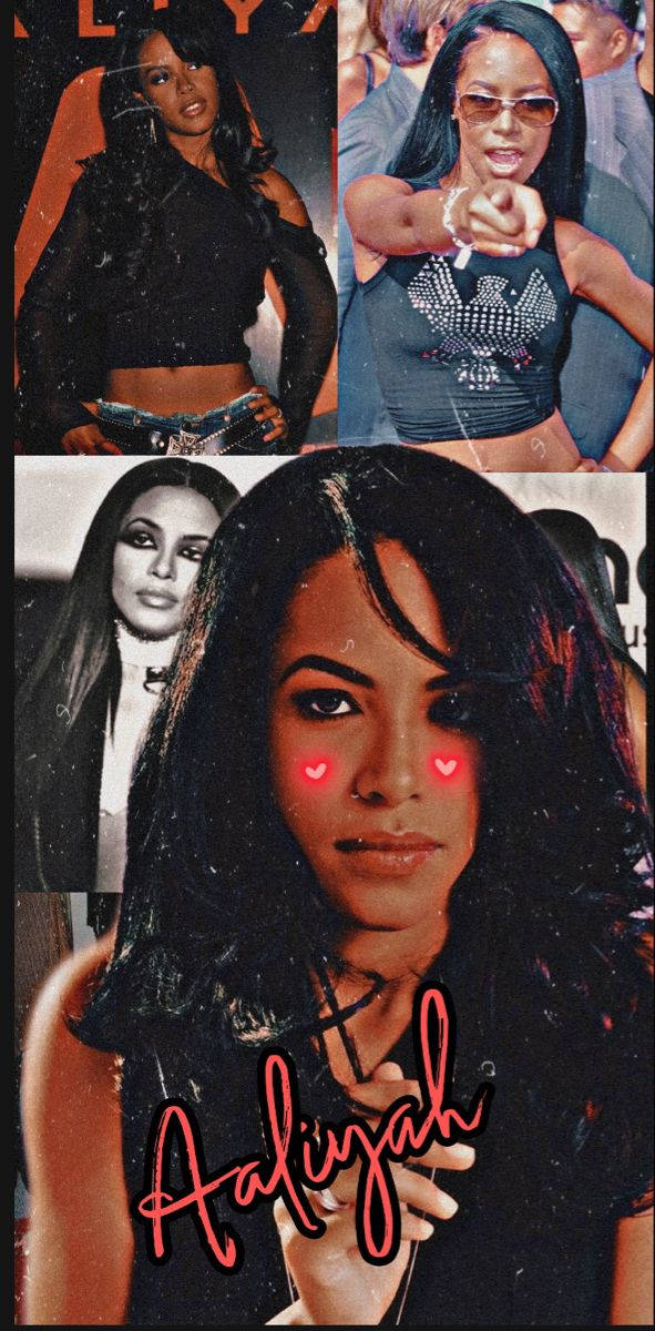 aaliyah 桌布 壁紙 — 四張歌手Aaliyah不同服裝和姿勢的照片拼貼，臉頰上帶有紅色心形濾鏡。