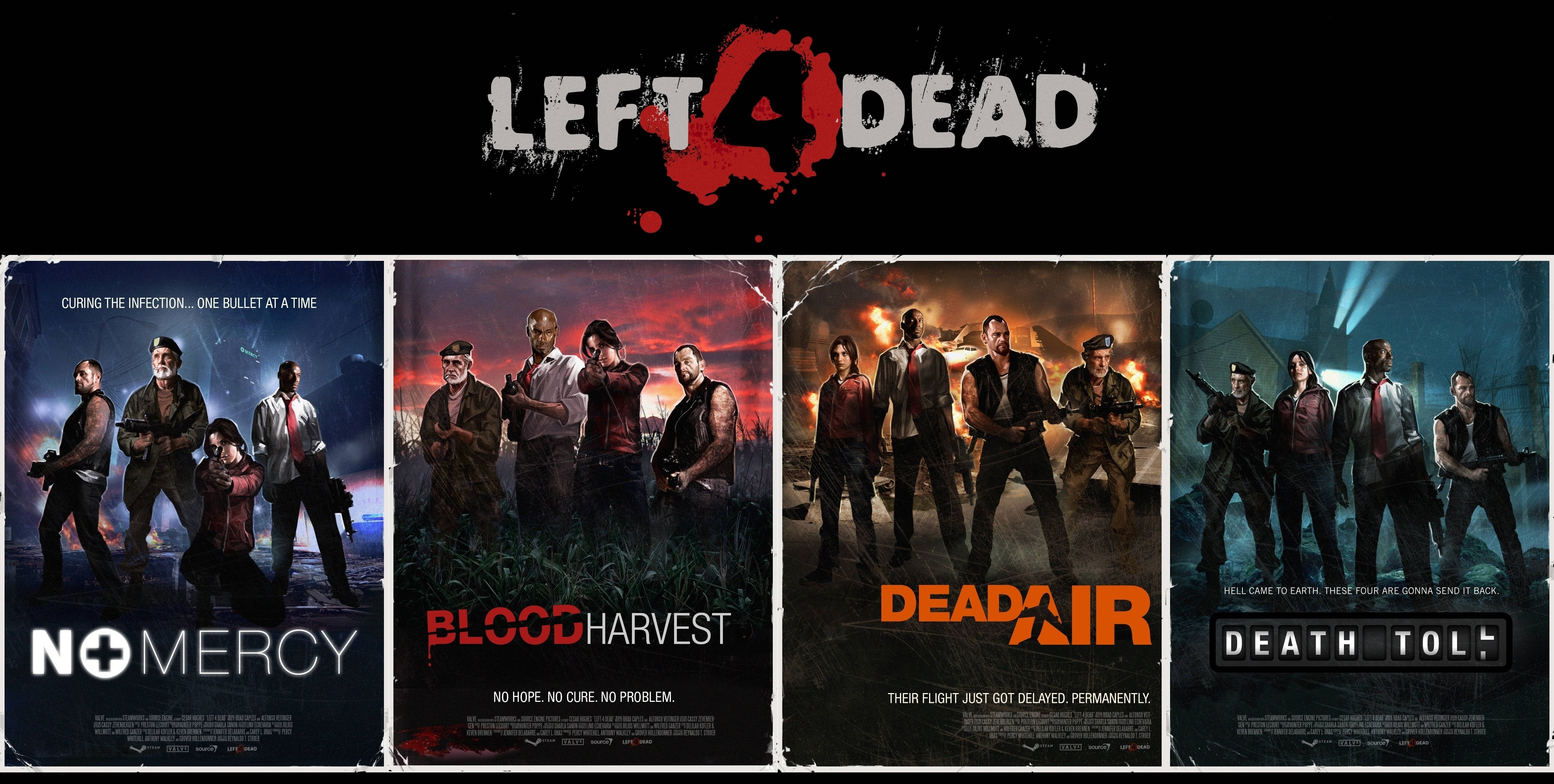 dead 桌布 壁紙 — 四張殭屍末日遊戲海報，展示武裝倖存者對抗熾熱末日背景，並帶有粗體標題。