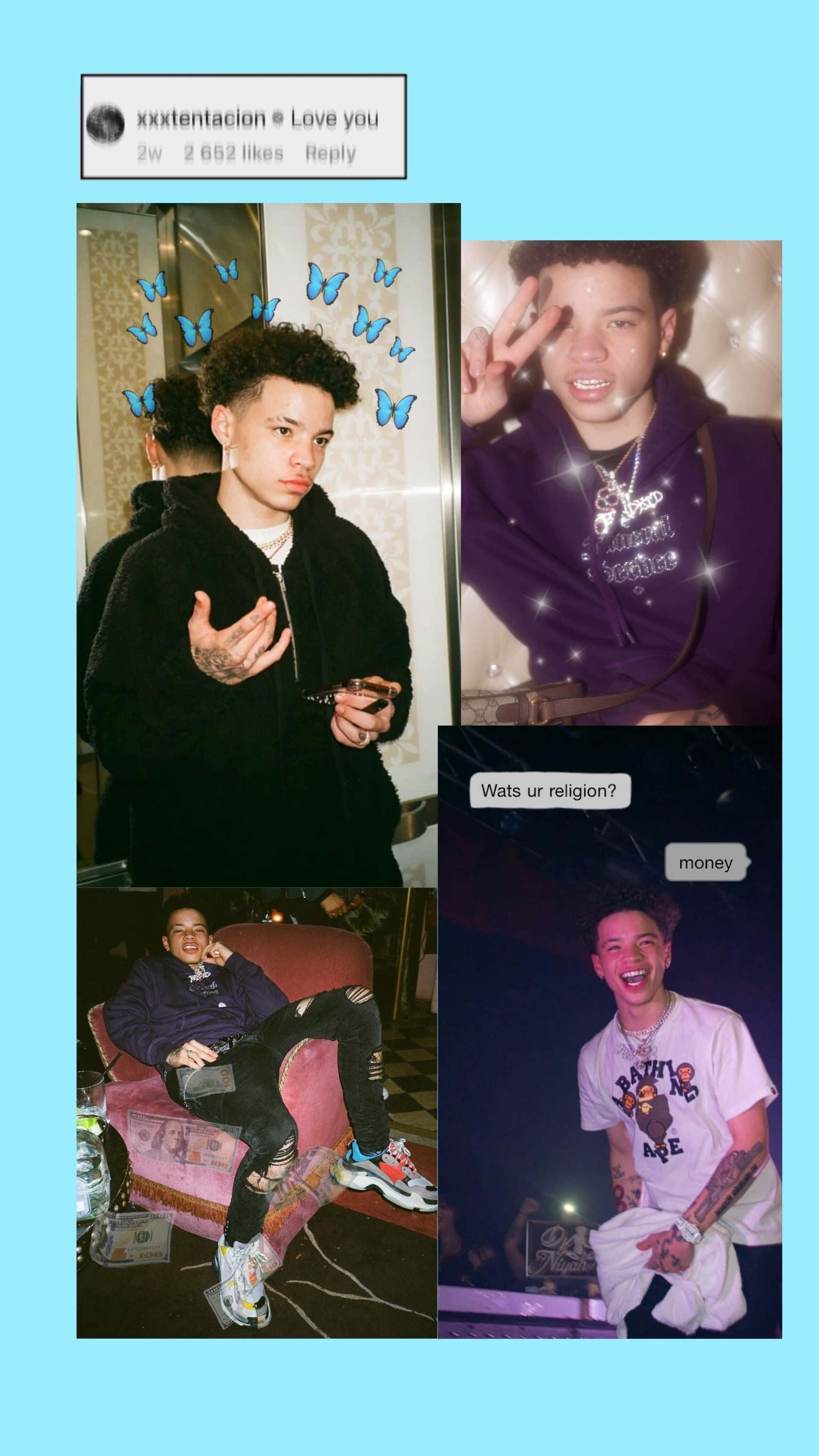 Lil Mosey 桌布 壁紙 — 四張照片的拼貼，展示一位年輕男子以不同姿勢和服裝出現，並帶有疊加文字和蝴蝶圖案。