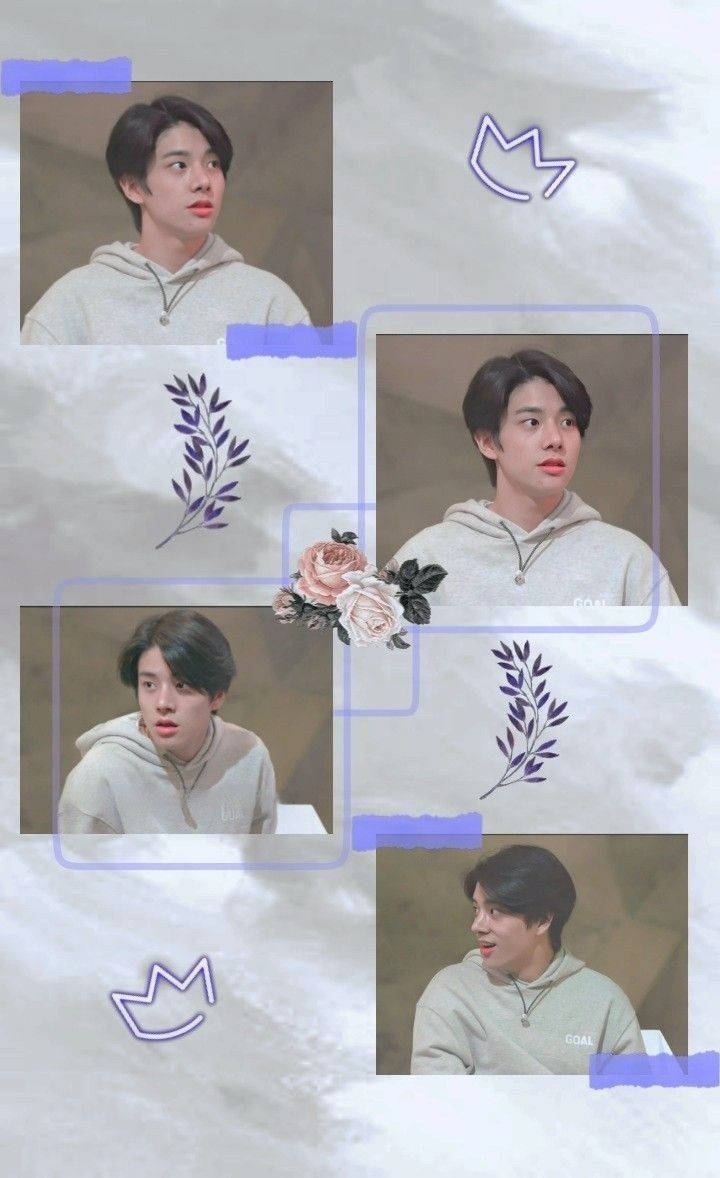 Enhypen Aesthetic 桌布 壁紙 — 四張照片的拼貼畫，一位穿著灰色連帽衫的年輕男子，以紫色膠帶和花卉插圖框在紋理白色背景上。