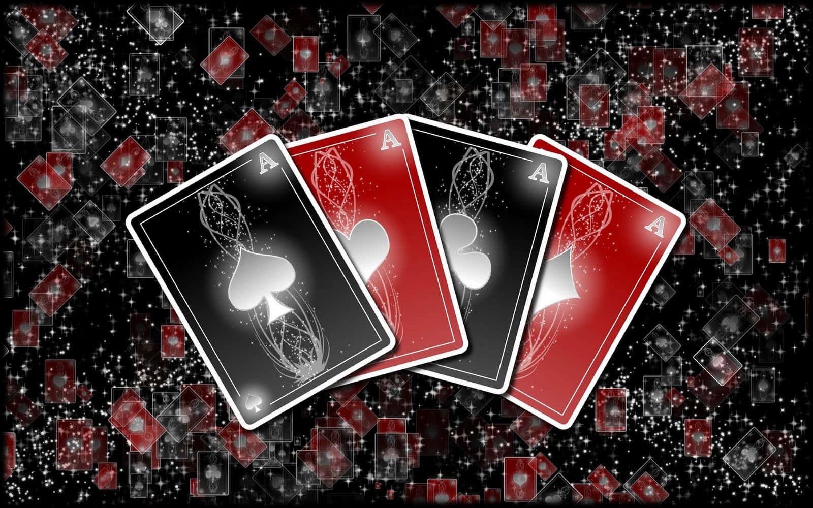 Card Games 桌布 壁紙 — 四張紅心和黑桃的Ace在閃爍的黑色背景上閃耀著銀色和紅色，背景充滿了漂浮的卡片碎片。