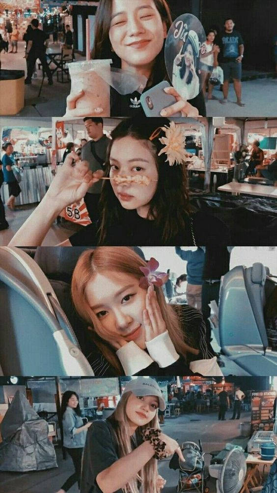 BLACKPINK 桌布 壁紙 — 四張自然夜間照片的拼貼，展示一位年輕女性在熱鬧的戶外市場微笑、拿著飲料和配飾擺姿勢。