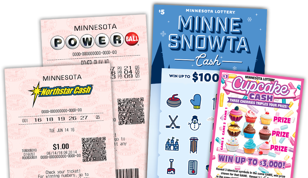樂透彩券 桌布 壁紙 — 四張色彩繽紛的明尼蘇達州彩券刮刮樂，包括Powerball、Northstar Cash、Minne Snowta和Cupcake Cash，具有鮮豔的圖形和獎品詳細資訊。