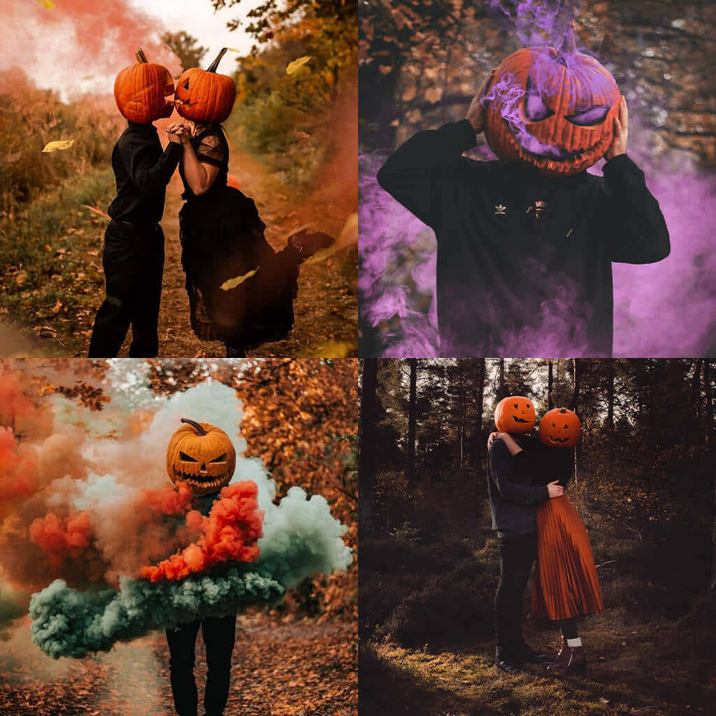 Halloween Pumpkin 桌布 壁紙 — 四張萬聖節主題照片展示人們在秋日森林中戴著南瓜頭和彩色煙霧效果。