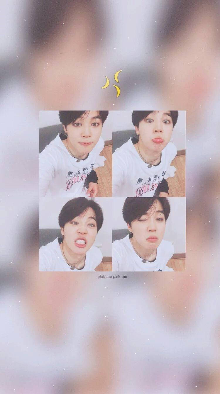 Jimin Aesthetic 桌布 壁紙 — 四張趣味自拍，一名身穿白色連帽衫的年輕男子在柔和的模糊背景中做鬼臉，背景有閃光和彎月。