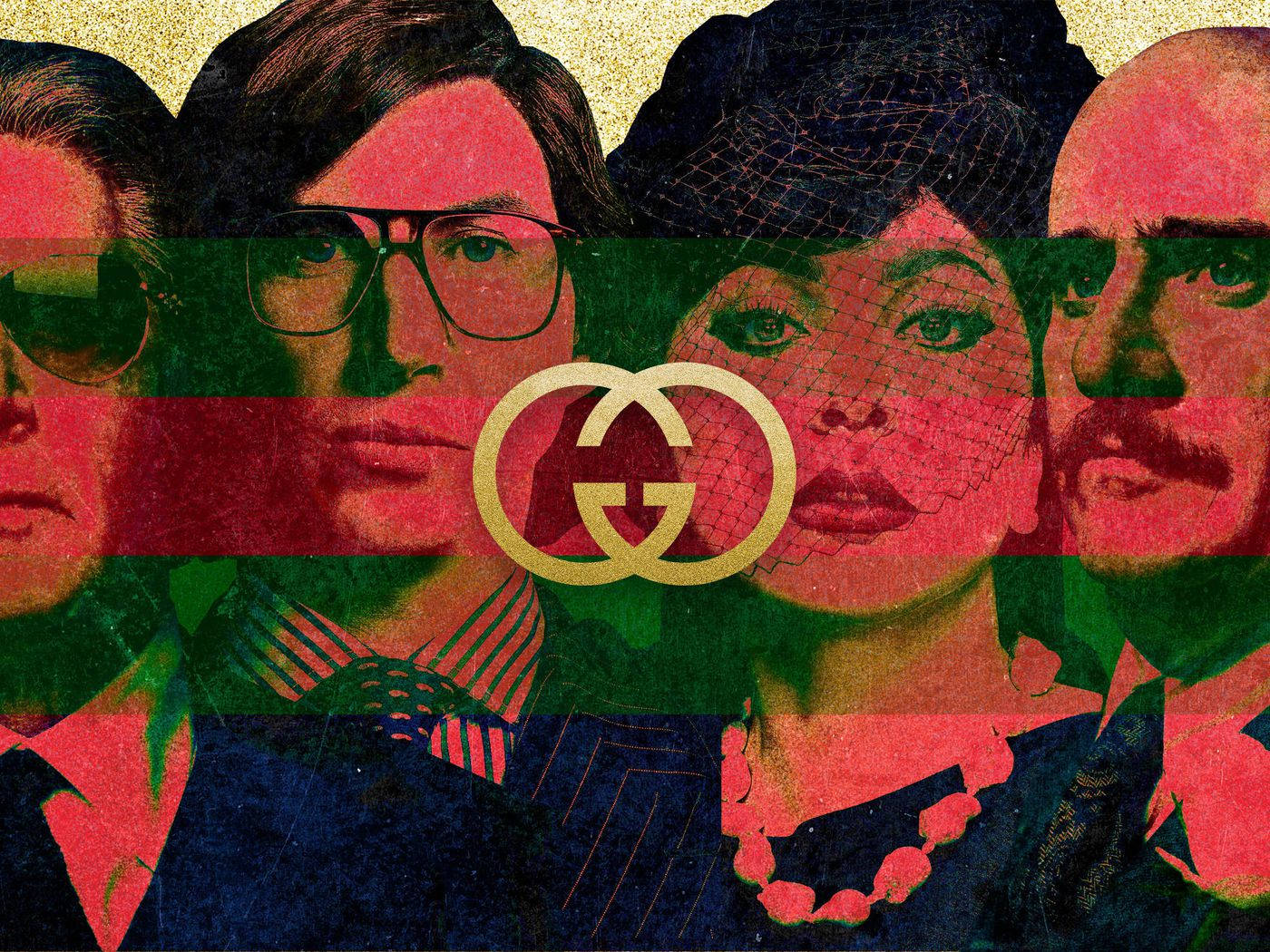 四張迷人的風格肖像，帶有Gucci標誌和紅綠條紋。 — Gucci 之家 壁紙