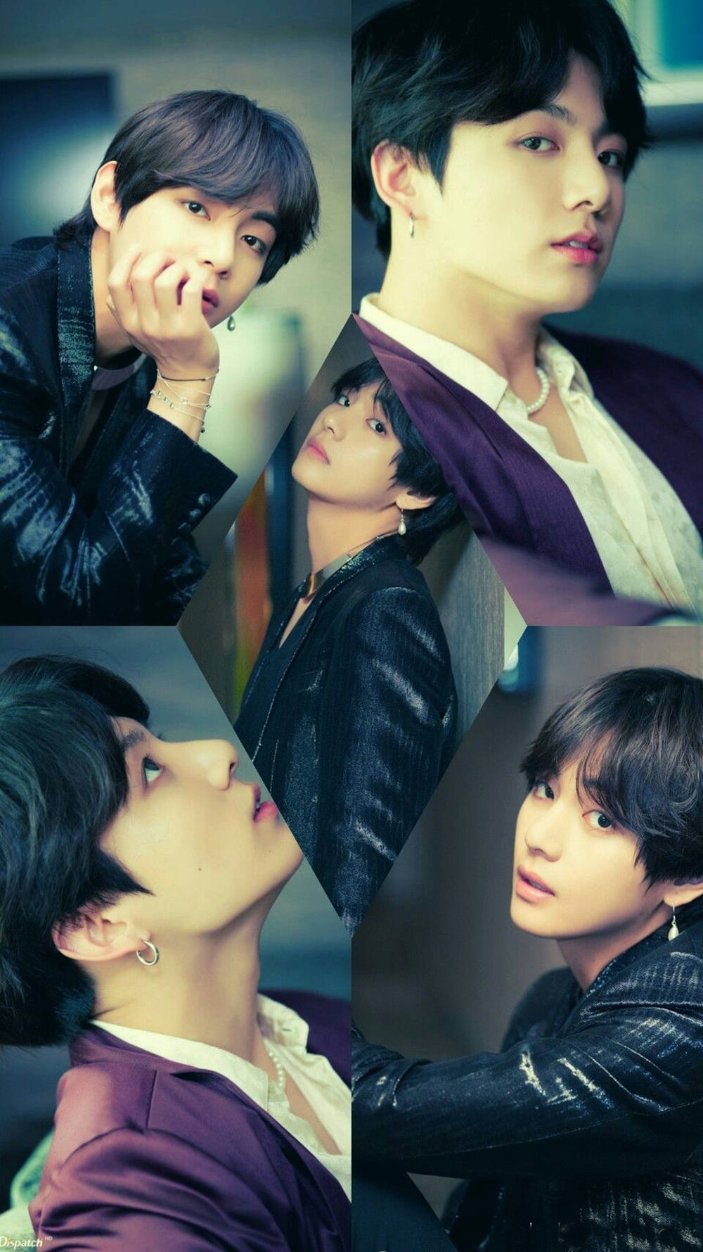 BTS 桌布 壁紙 — 四張風格化的年輕男子肖像，身穿紫色和黑色服裝，在柔和模糊的背景前擺姿勢。