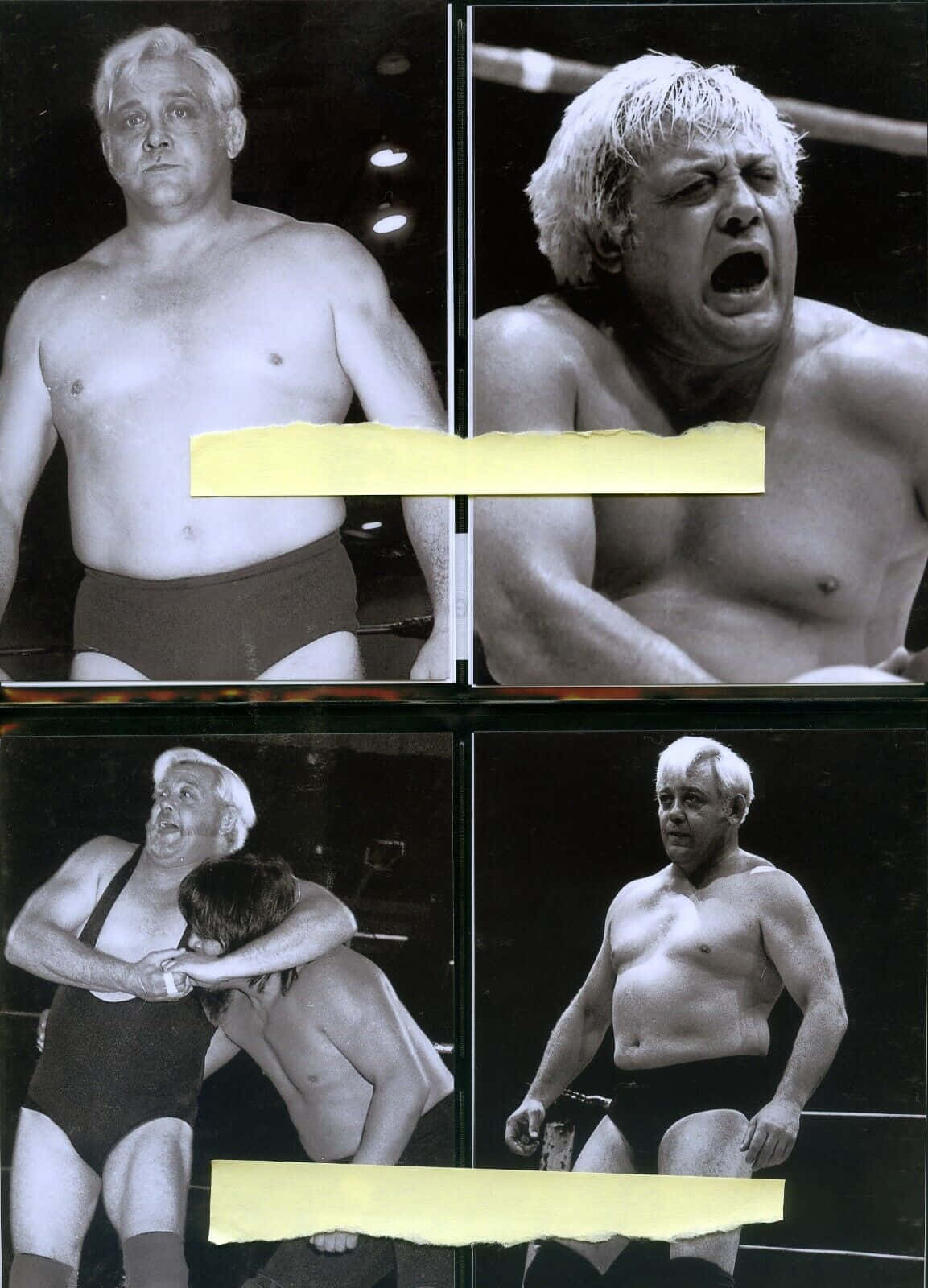 WWE 桌布 壁紙 — 四張黑白照片，展示一名肌肉發達的摔角手在擂台上展現激烈表情和格鬥動作。