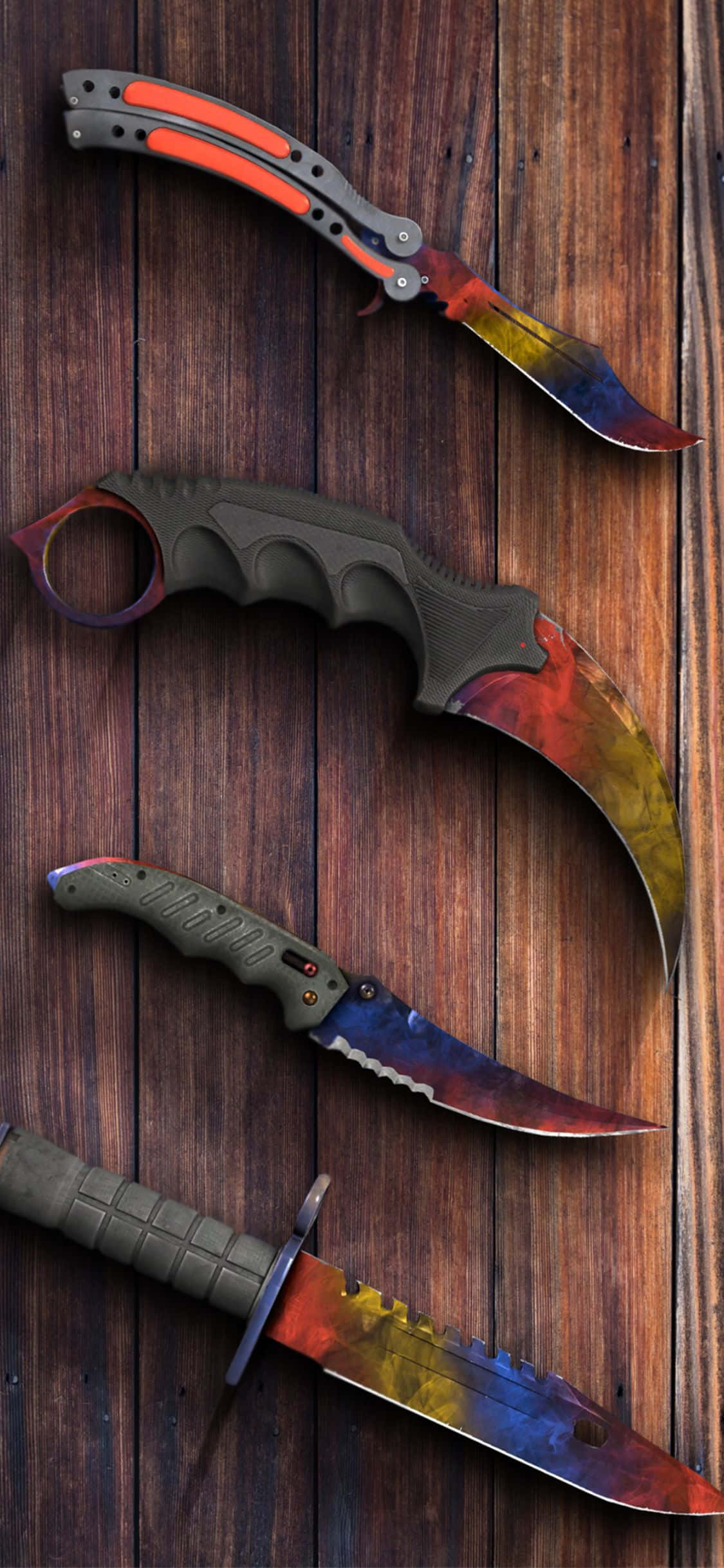 iPhone X Counter-strike Global Offensive 桌布 壁紙 — 四把色彩鮮豔的戰術刀，帶有彩虹刀片飾面，放置在風化的木質表面上。