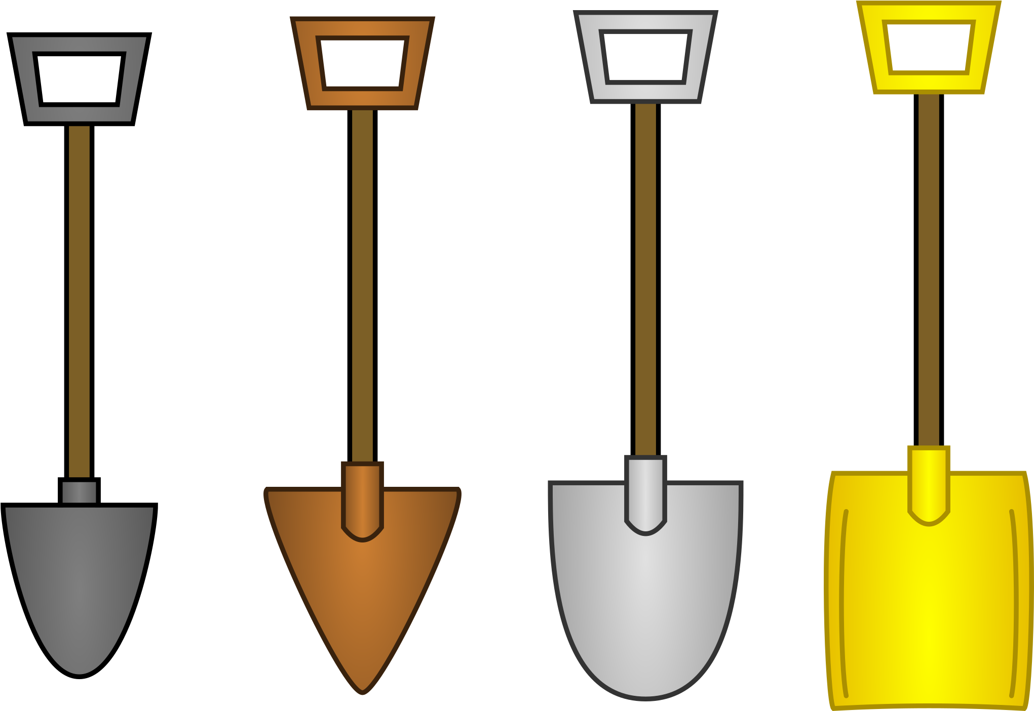 Tools 桌布 壁紙 — 四把風格化的鏟子，帶有彩色手柄和鏟刃，垂直立在黑色背景上。