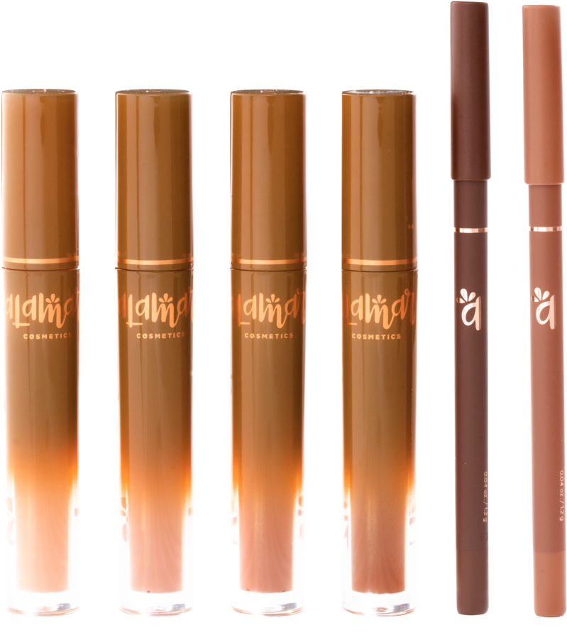 Cosmetics Products 桌布 壁紙 — 四支亮面棕色唇彩管和兩支相配的唇線筆，以溫暖大地色調呈現，背景為純黑色。
