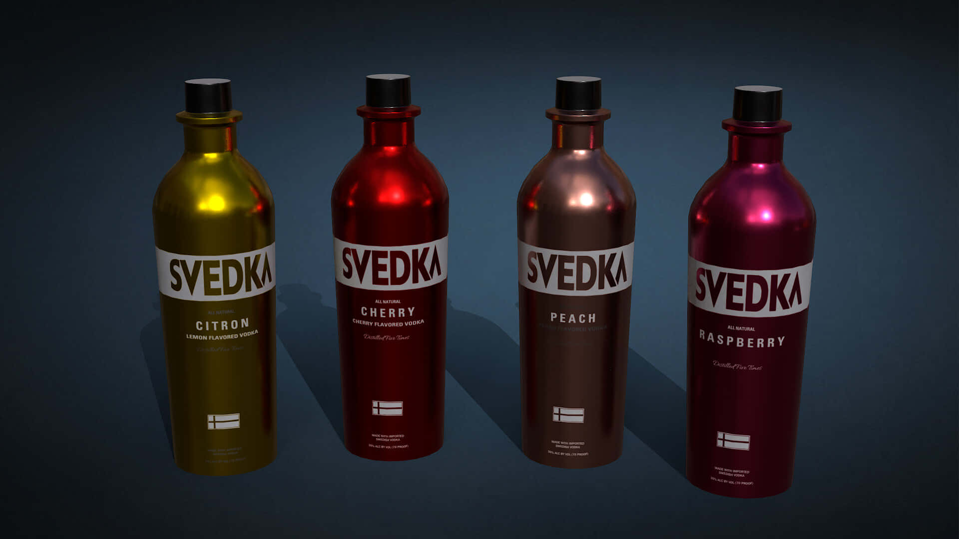 drinks 桌布 壁紙 — 四支光澤的Svedka伏特加酒瓶，口味分別為檸檬、櫻桃、蜜桃和覆盆子，排成一列，背景為深色漸變。