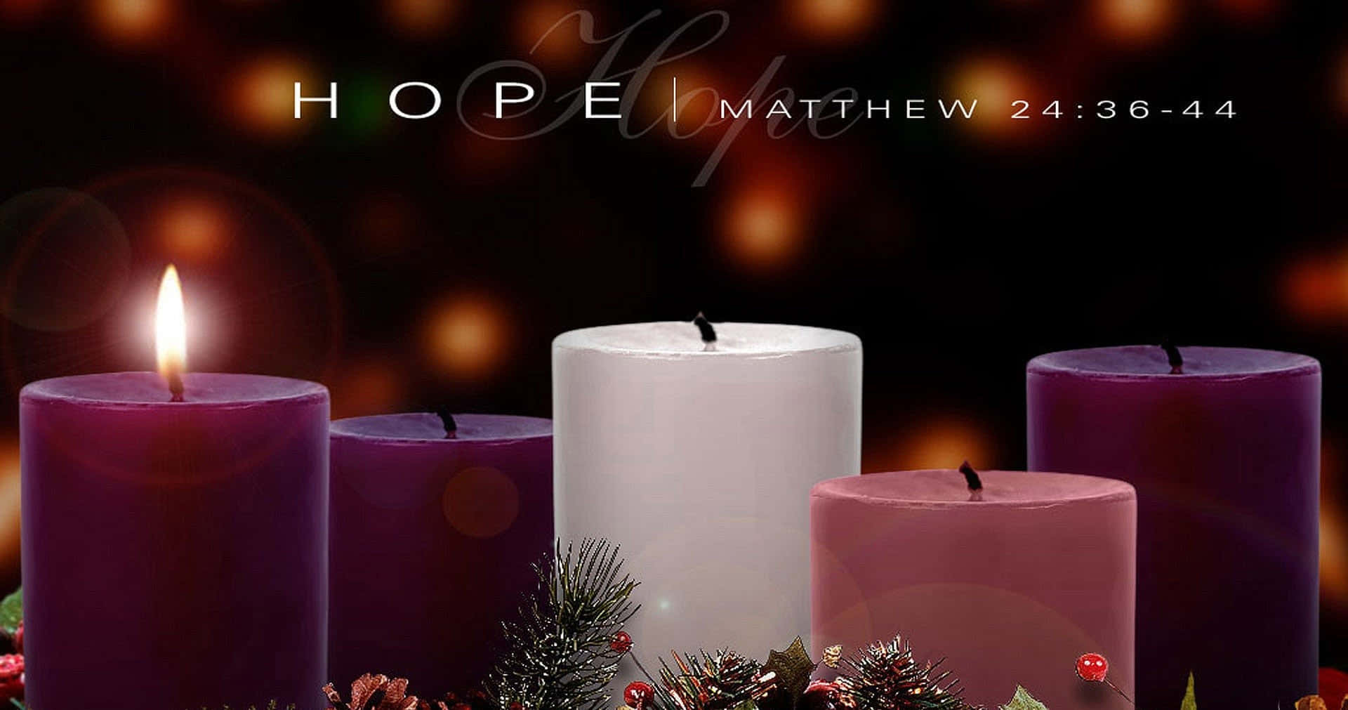Advent 桌布 壁紙 — 四支紫色、粉紅色和白色的蠟燭在黑暗的散景背景中溫暖地發光，搭配節日綠色植物和經文文字。