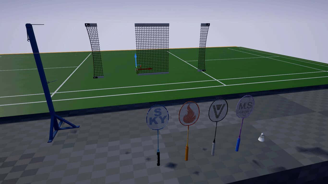 1366x768 Badminton 桌布 壁紙 — 四支羽毛球拍和一個羽毛球站在棋盤格地板上面，前面是綠色球場，有網子和柱子。