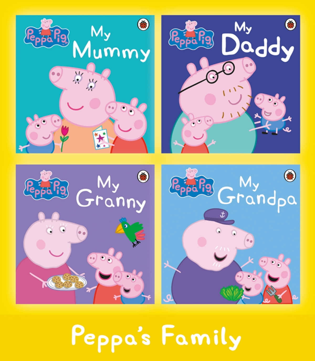 Peppa Pig Family 桌布 壁紙 — 四本色彩繽紛的Peppa Pig書封面，展示Peppa與她的媽媽、爸爸、奶奶和爺爺以歡樂卡通風格呈現。