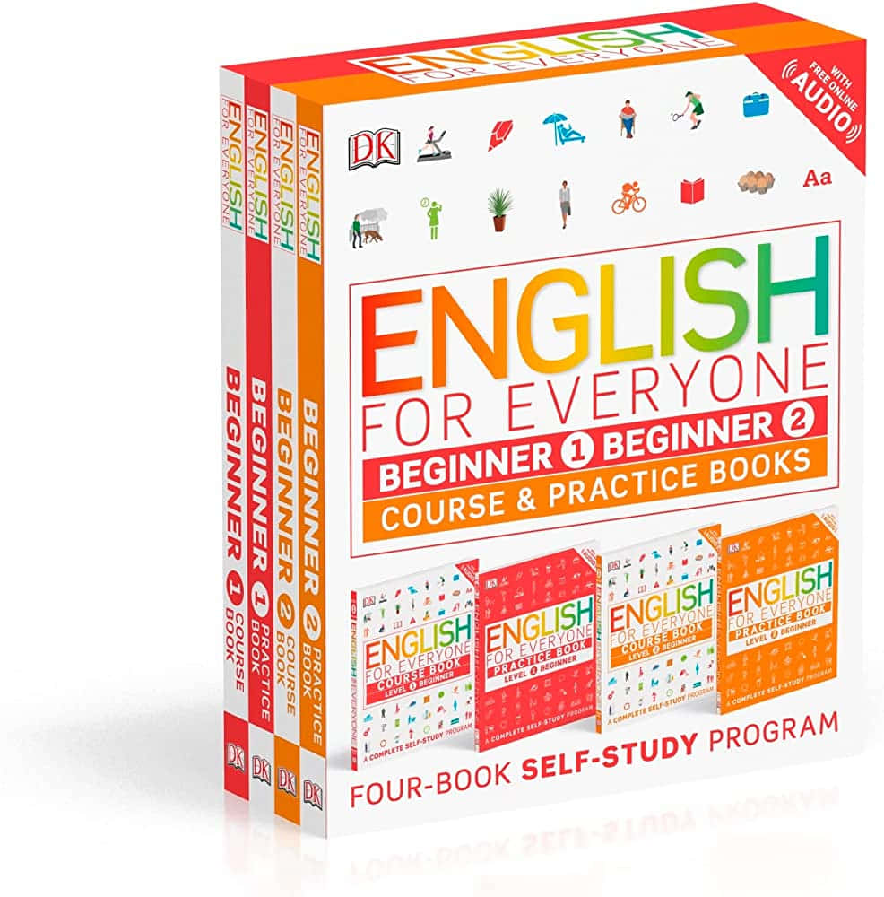 Learning 桌布 壁紙 — 四本色彩繽紛的英語學習書堆疊在一個明亮的盒子中，帶有圖標和文字，推廣自學。