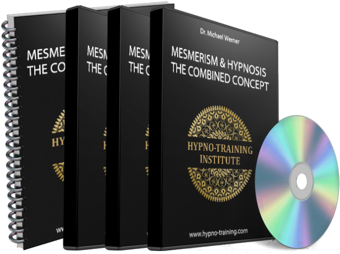 Hypnosis 桌布 壁紙 — 四本黑色螺旋裝訂的書，名為《Mesmerism & Hypnosis》，旁邊放著一張反射彩虹色調的CD。