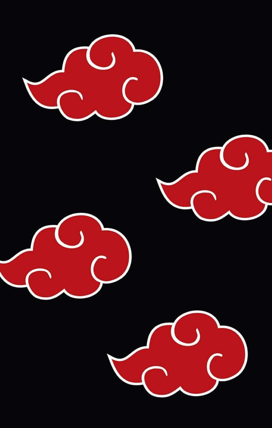 Akatsuki Symbol 桌布 壁紙 — 四朵帶白色輪廓的醒目紅雲在純黑色背景上以風格化動漫設計漂浮。