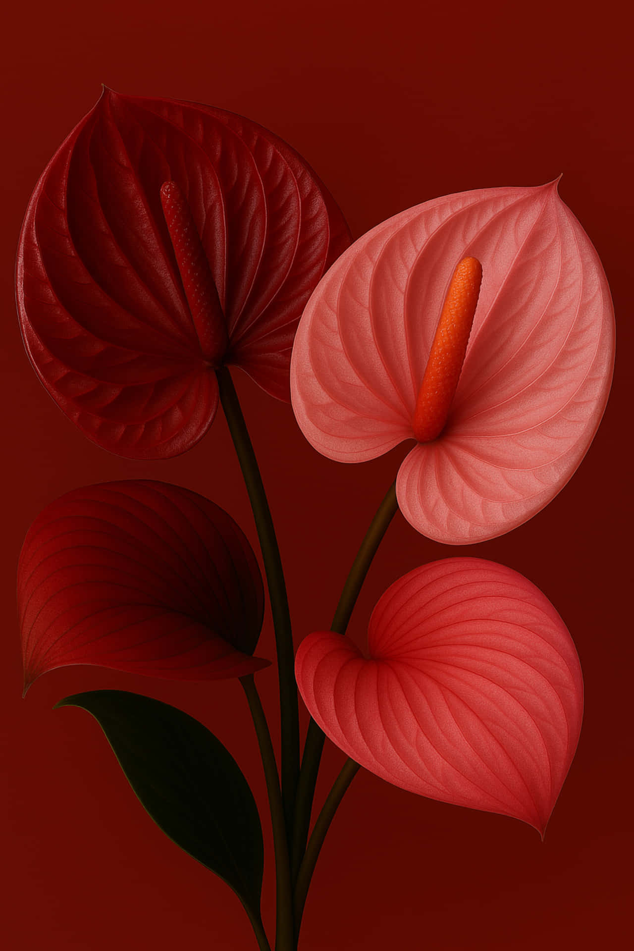 Close-up of anthuriums 壁紙 — 四朵深紅色和柔和粉紅色調的紅掌花，帶有橙色肉穗花序，立在濃郁的深紅色背景前。