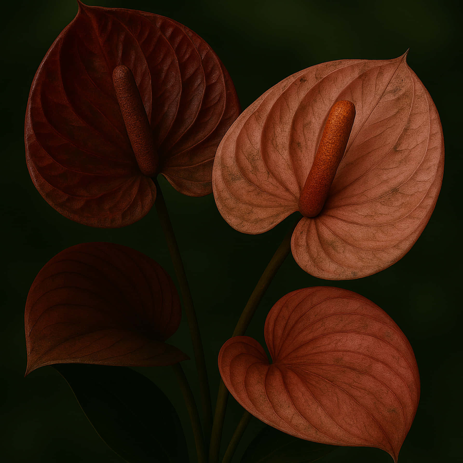 Aging anthuriums 壁紙 — 四朵深紅色紅掌花，帶有紋理的心形苞片和橙色肉穗花序，在深綠色背景下閃耀。