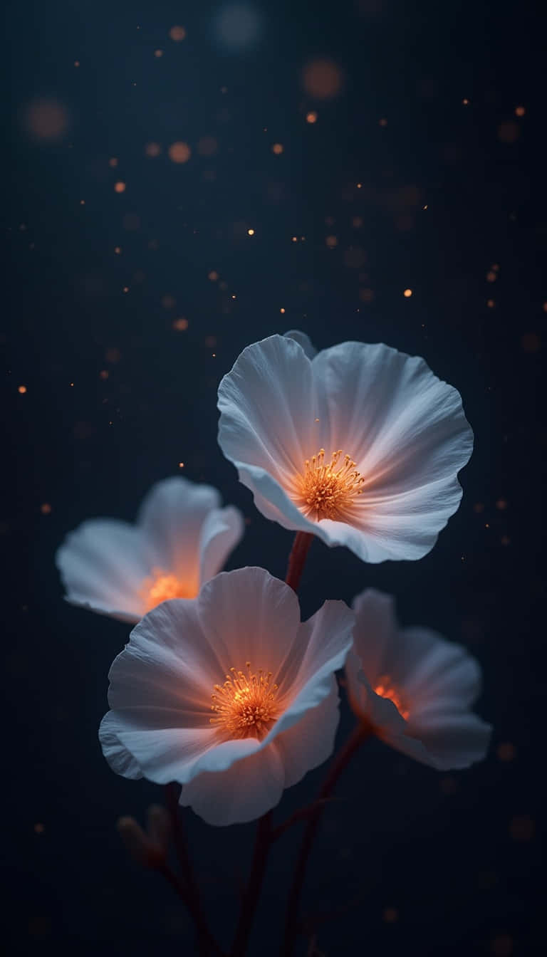 Flower 壁紙 — 四朵發光的白色花朵，帶有金色花心，漂浮在點綴著溫暖散景燈光的深藍色背景上。