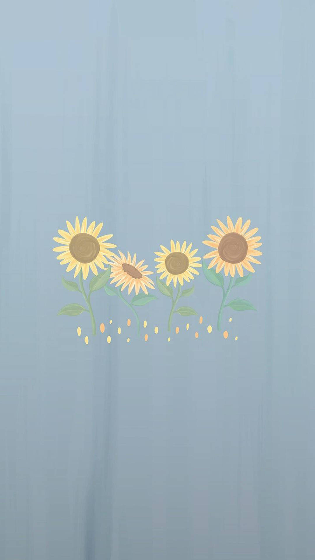 Spring iPhone 桌布 壁紙 — 四朵風格化的向日葵，帶有綠色莖和散落的種子，在柔和的藍色紋理背景上綻放。