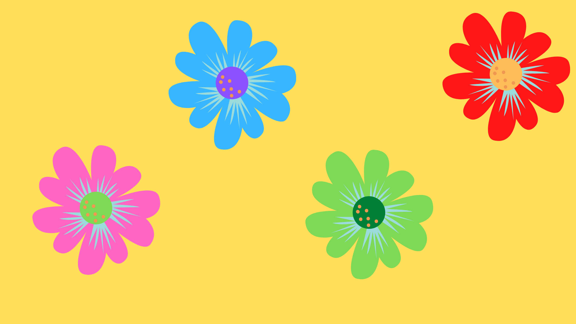 Hippie Aesthetic Laptop 桌布 壁紙 — 四朵風格化的彩色花朵，帶有尖刺花瓣，漂浮在純黃色背景上。