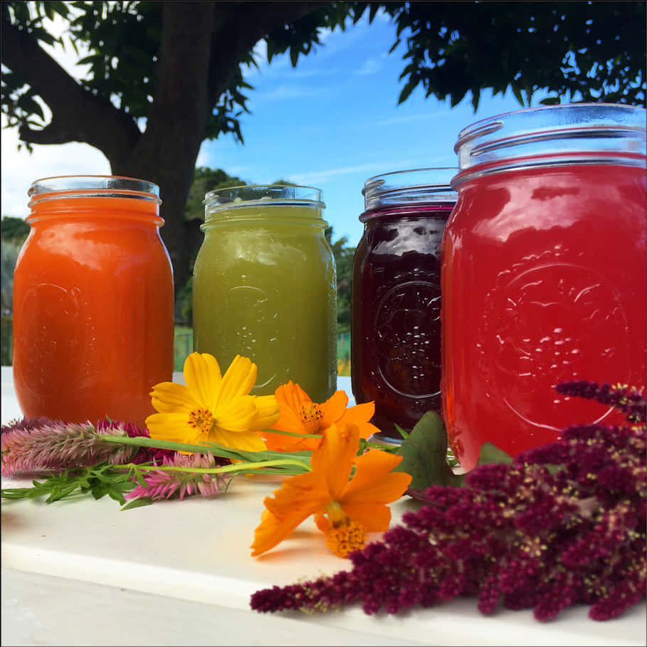Smoothies 桌布 壁紙 — 四杯色彩繽紛的自製果汁放在梅森罐中，置於戶外白色桌子上，周圍環繞著鮮豔的黃色、橙色和紫色花朵，背景是清澈的藍天。