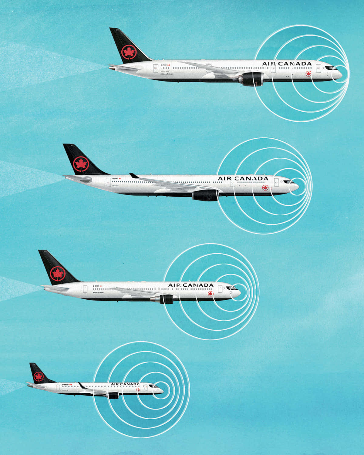 飛機 桌布 壁紙 — 四架加拿大航空飛機對角線飛越青色天空，每架飛機後面都有同心白色圓圈，暗示運動或聲波。