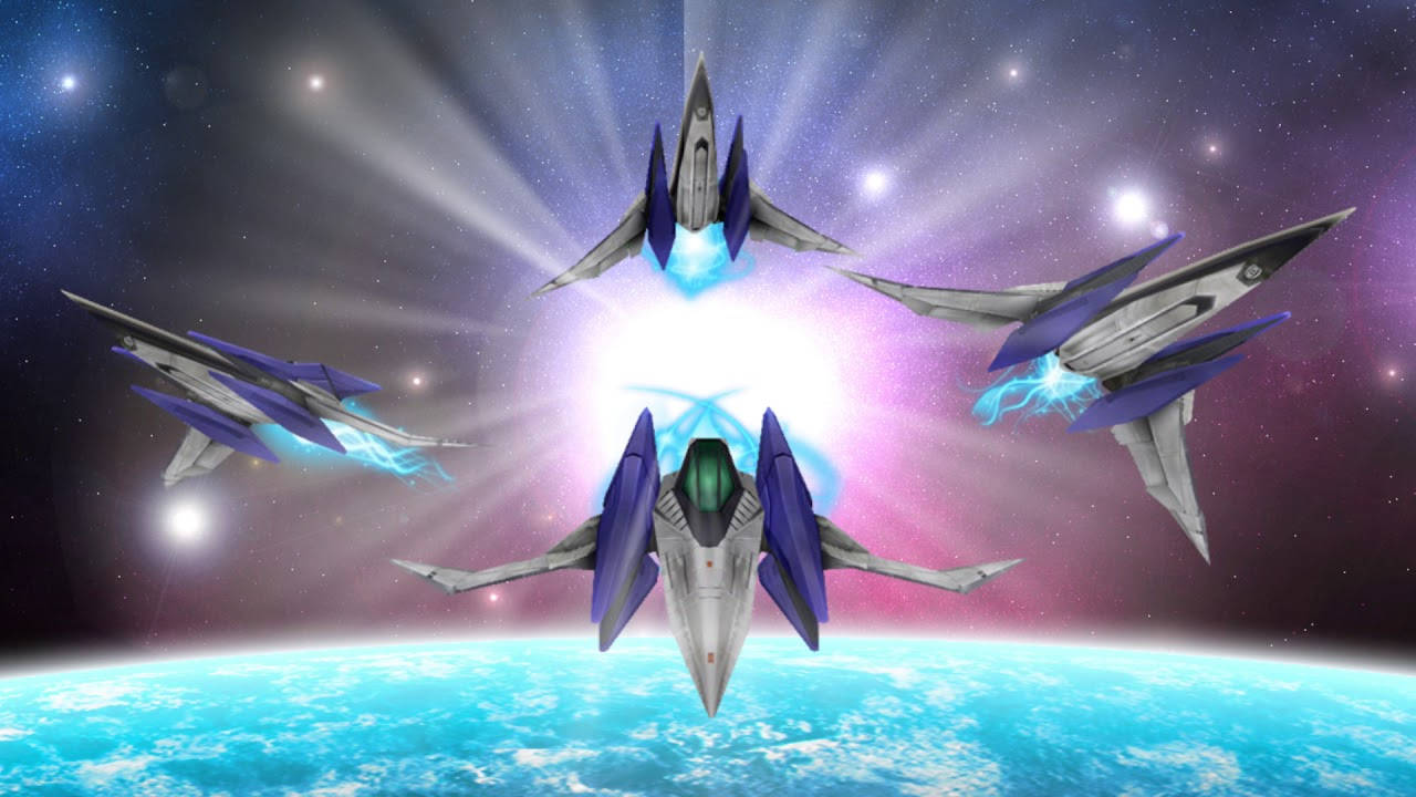 Star Fox 桌布 壁紙 — 四架未來戰機在一個充滿活力的藍色星球上空編隊飛行，背景是星光燦爛的宇宙和耀眼的光束。