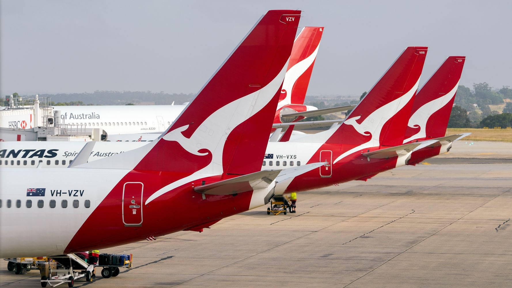 Airport 桌布 壁紙 — 四架紅色尾翼的澳洲航空飛機在陽光明媚的機場停機坪上排成一排，附近有地勤人員和設備。