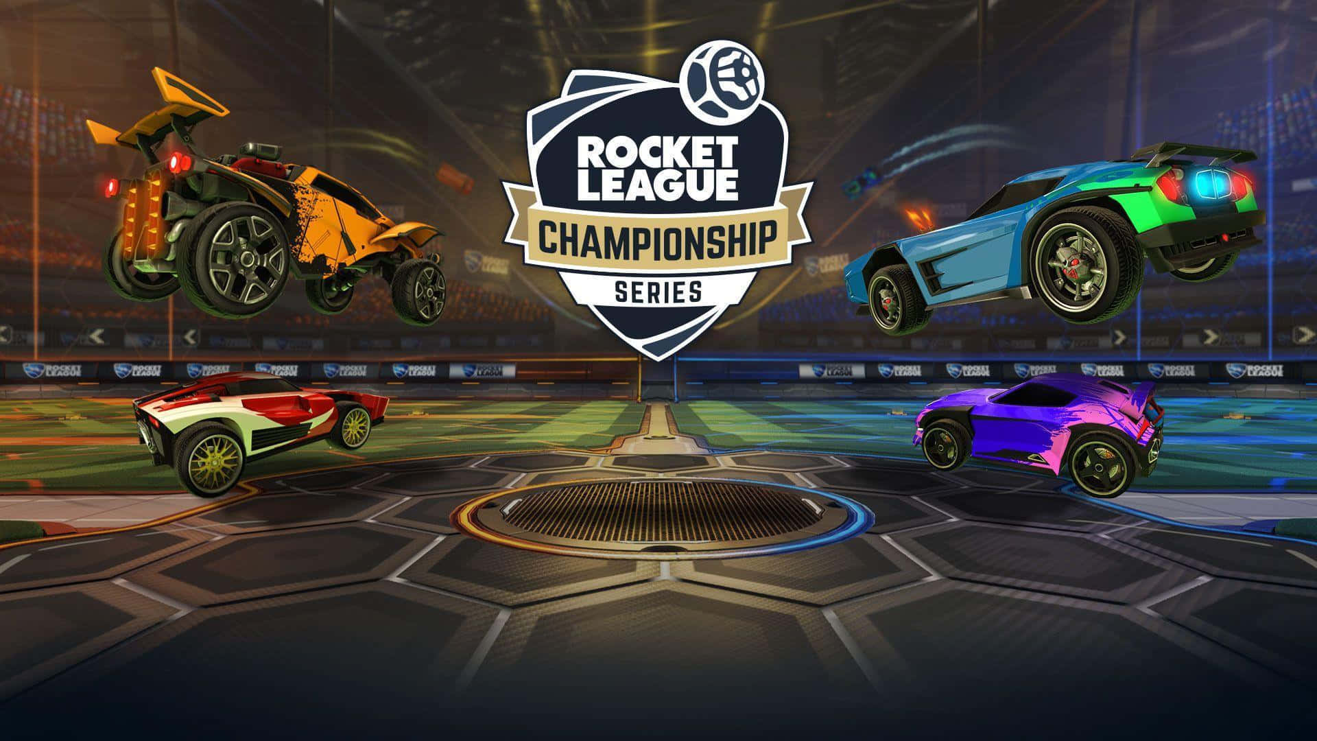 火箭聯盟 桌布 壁紙 — 四架色彩鮮豔的火箭動力汽車在《Rocket League Championship Series》比賽期間於競技場中懸浮在半空。