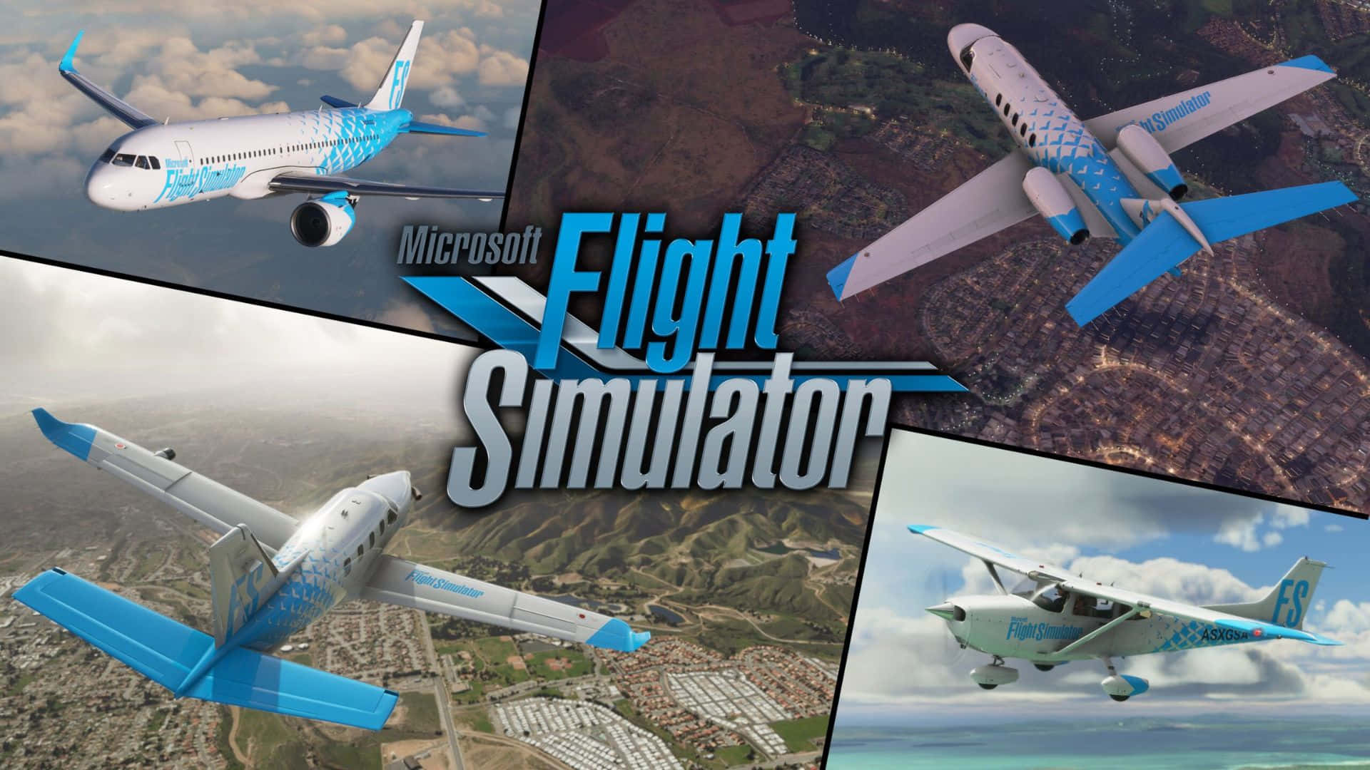 1920x1080 Microsoft Flight Simulator 桌布 壁紙 — 四架藍白塗裝的飛機在 Microsoft Flight Simulator 宣傳拼貼中翱翔於多樣景觀之上。